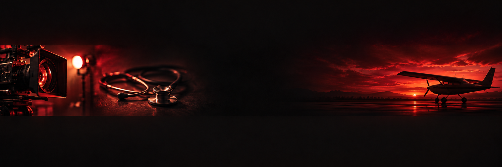Cinematic camera, stethoscope and propeller plane in dark red light